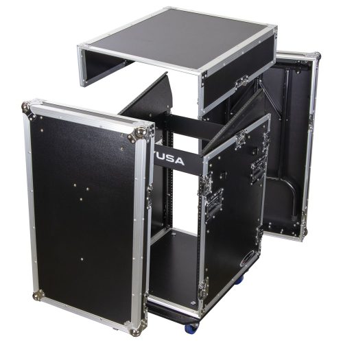 Deluxe 12U Top Slanted 14U Bottom Vertical Pro Combo Rack with Wheels and Two Side Tables