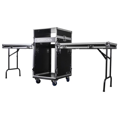 Deluxe 12U Top Slanted 14U Bottom Vertical Pro Combo Rack with Wheels and Two Side Tables - Image 3