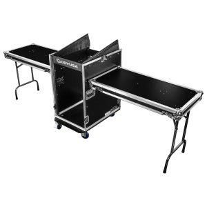 Deluxe 14U Top Slanted 16U Bottom Vertical Pro Combo Rack with Two Side Tables and Casters