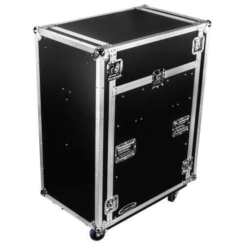 Deluxe 14U Top Slanted 16U Bottom Vertical Pro Combo Rack with Two Side Tables and Casters - Image 2