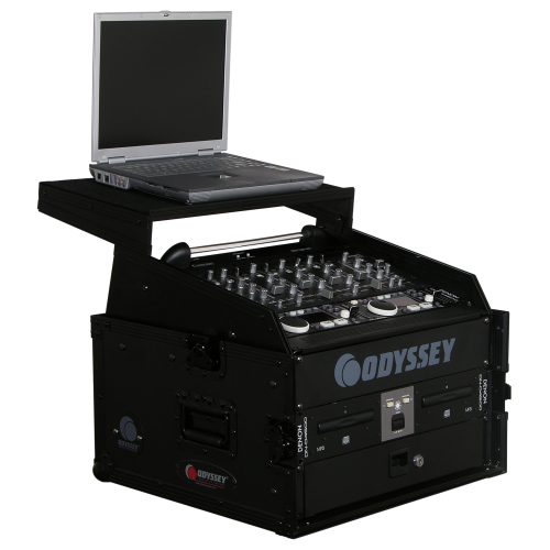 Black 10U Top Slanted 4U Bottom Vertical Pro Combo Rack with Glide Platform
