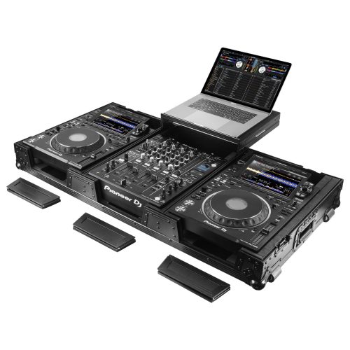 Extra Deep Black DJ Coffin Case for 12″ Format DJ Mixer and Two Media Players with Glide Platform
