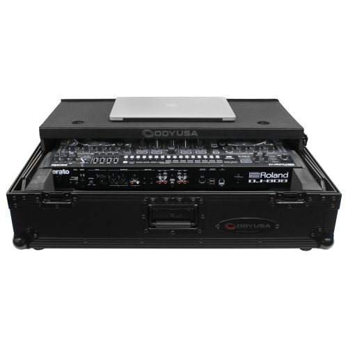 Black Roland DJ-808 / Denon MC7000 Flight Case with 2U Rack Space and Glide Platform - Image 7
