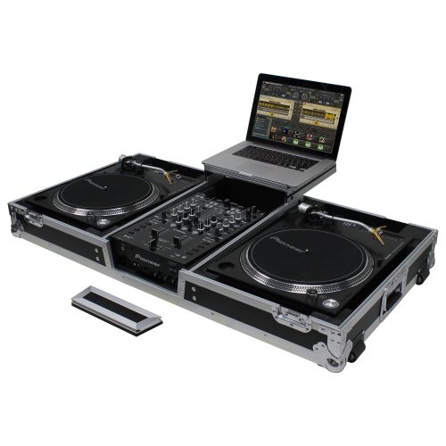 Low Profile 10" Format DJ Mixer and Two Battle Position Turntables Flight Coffin Case with Wheels and Glide Platform