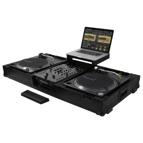 Black Low Profile 10" Format DJ Mixer and Two Battle Position Turntables Flight Coffin Case with Wheels and Glide Platform