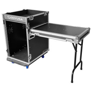 Odyssey 16U Vertical Pro Combo Rack with Side Table and Casters (Flat Top Surface & Tall Lid)